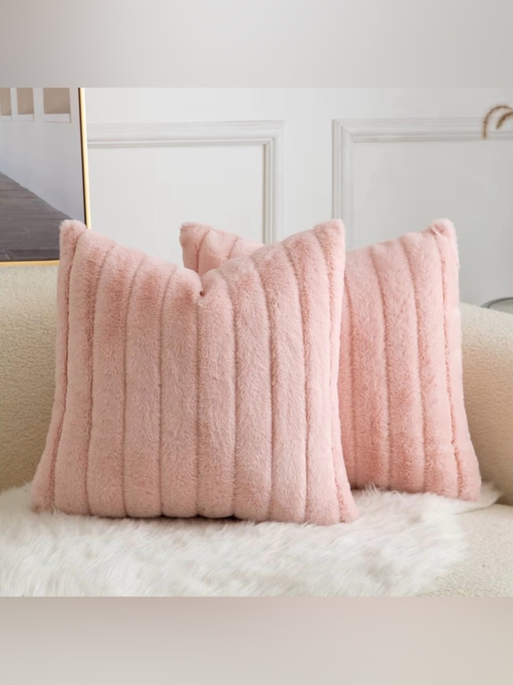 Plush Ribbed Faux Fur Throw Pillow - Blush Pink set of 2 20x20